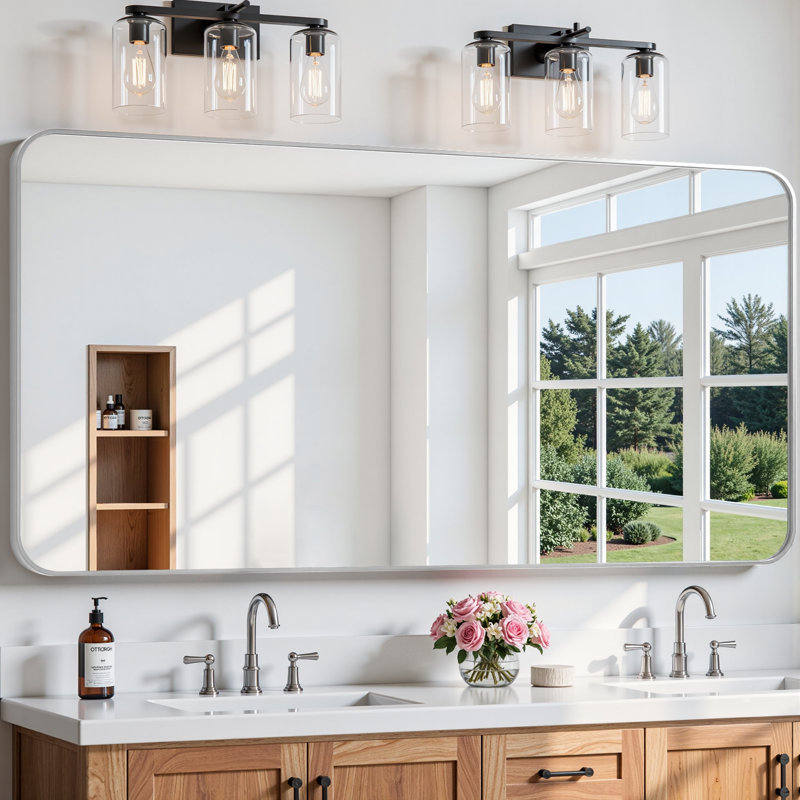 Lunara 1.18" Deep Rounded Corner Rectangular Bathroom Wall Mirror with Premium Tempered Glass & Aluminum Alloy Framed, Silver
