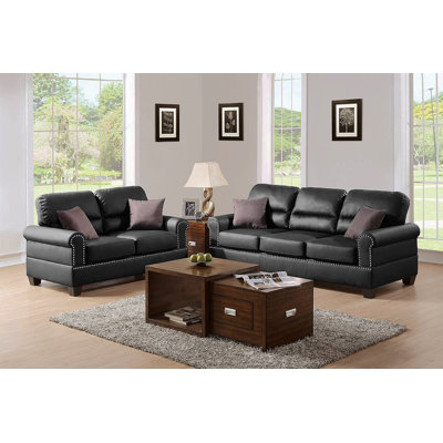Ensemble de canapé en cuir retravaillé noir 2 pièces pour canapé et causeuse