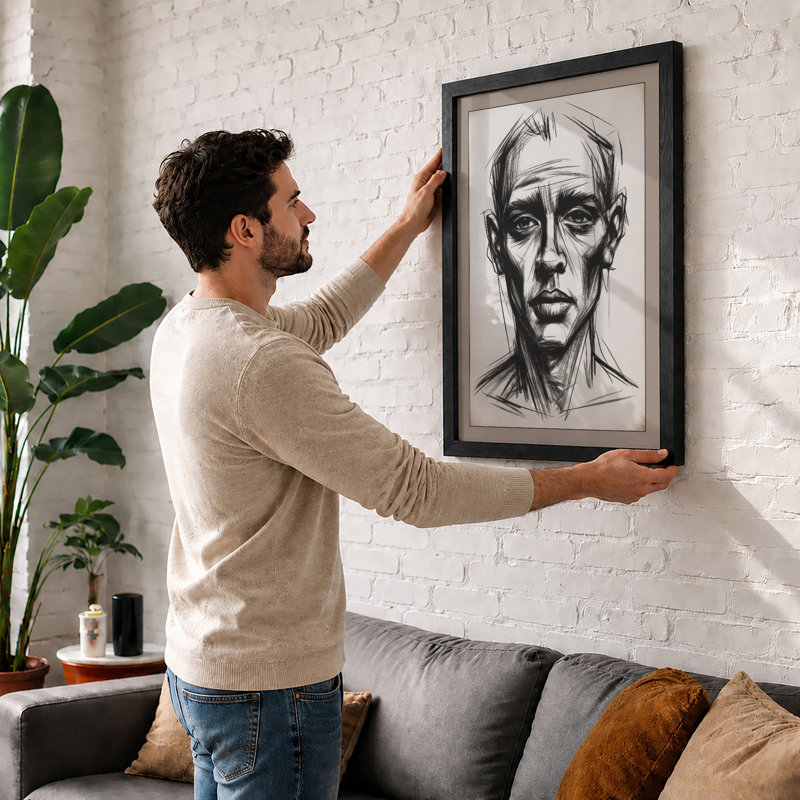 Ink Portrait Study Modern - Framed Print, A2 - 59.4 x 42.0 cm, Walnut