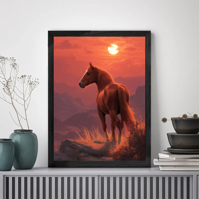 Reproduction d'art mural de qualité supérieure avec cadre en bois noir cheval debout Rocky Hill Sunset, œuvre d'art encadrée dans un cadre noir, cadeau unique pour les amis et la famille