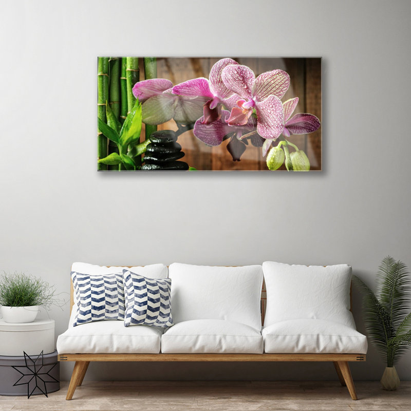 Floral Flowers Bamboo Stones - No Frame Print on Glass