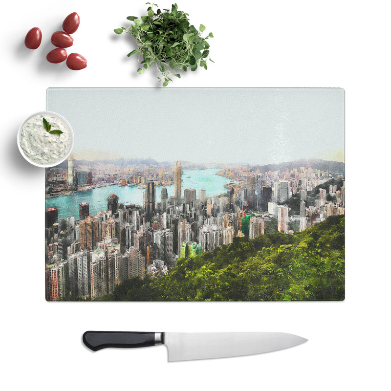 Tempered Glass Hong Kong Skyline Chopping Board, 28.5 cm x 39 cm