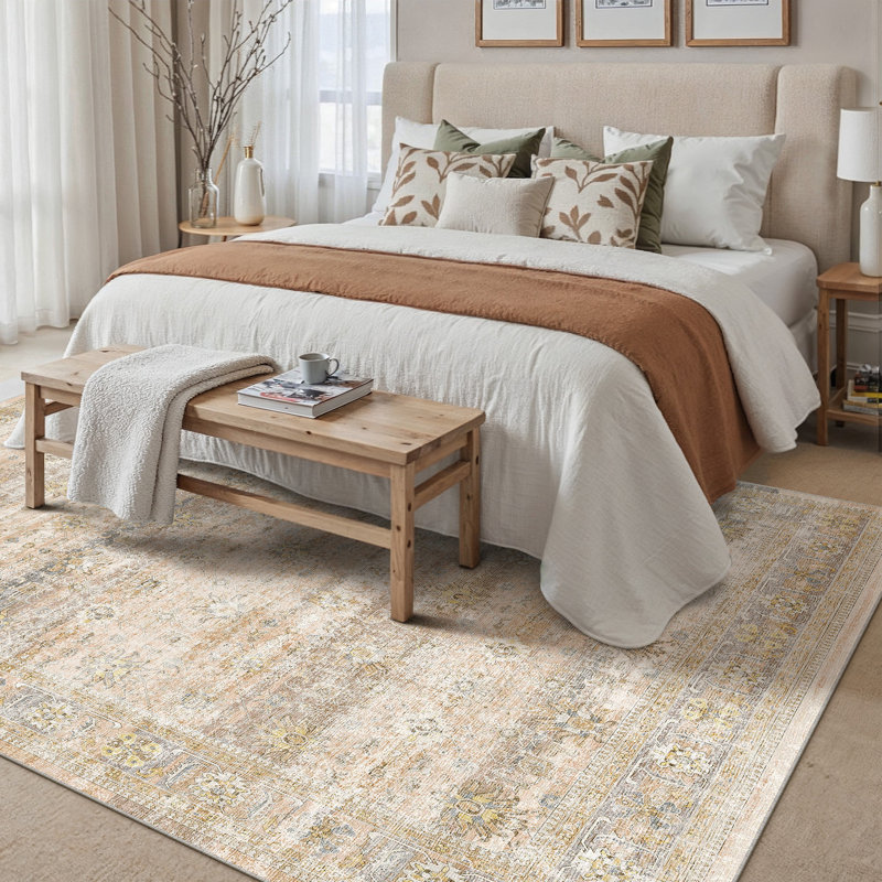 Havenly Vintage Machine Washable Area Rug For Living Room, Beige, Rectangle 9' x 12'