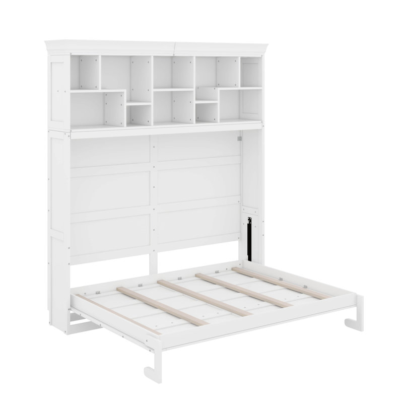 Grand lit escamotable mural avec tablettes supérieures et port USB, Blanc