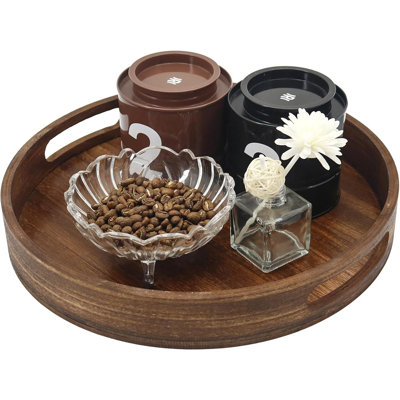 Round Wooden Decorative Tray With Handles, Vintage Serving Tray For Coffee Table, Kitchen, And Home Decor
