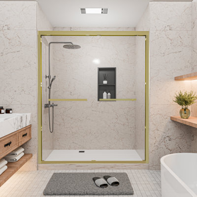 Porte de douche coulissante double encadrée l 56 à 60 po x H 72 po, or brossé, verre trempé 1/4 po avec revêtement Nano Easy-Clean