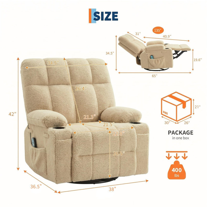 Fauteuil inclinable à bascule surdimensionné avec chaleur et massage - pivotant, inclinable et relaxant, Kaki