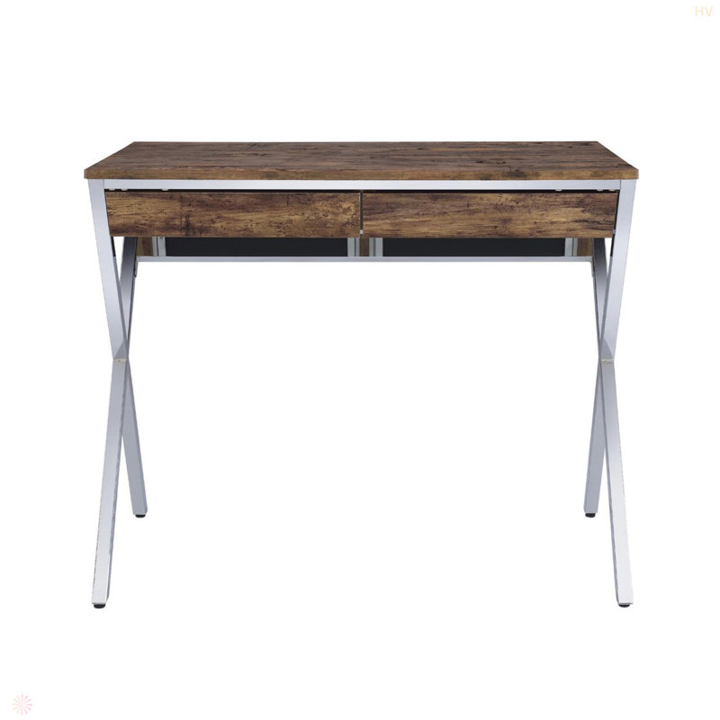 Bureau d'écriture chromé à 2 tiroirs, H 29,88 po x l 36 po x P 21,07 po, Chêne antique