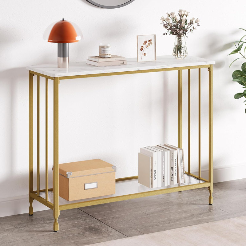 33.5" Console Table, 2 Tier Sofa Tables Narrow Entryway Table with Glass Shelf, White