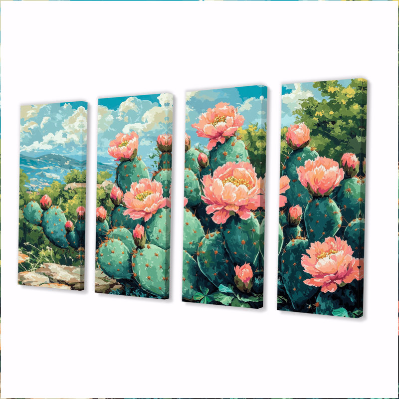Cactus jardin en fleurs II - Art mural floral de cactus - Art mural traditionnel pour le salon, H 32 po x l 64 po, 4