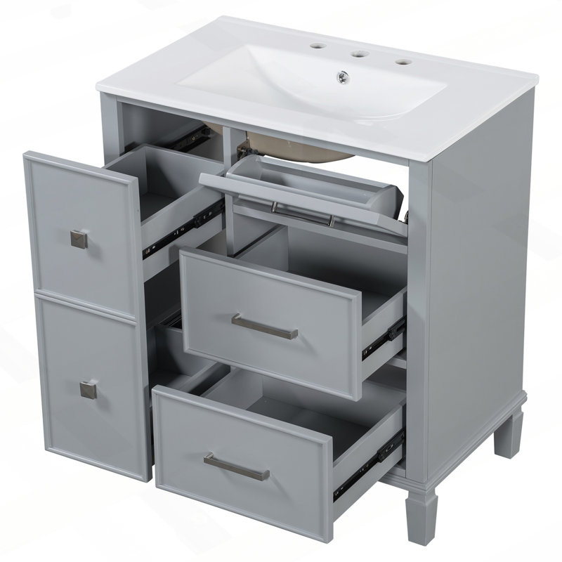Meuble-lavabo sophistiqué avec conception de tiroir innovante et beaucoup de rangement, Gris