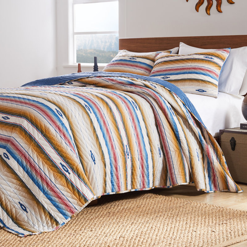 Sapphire Blue and Red Southwestern Reversible Full Quilt Set