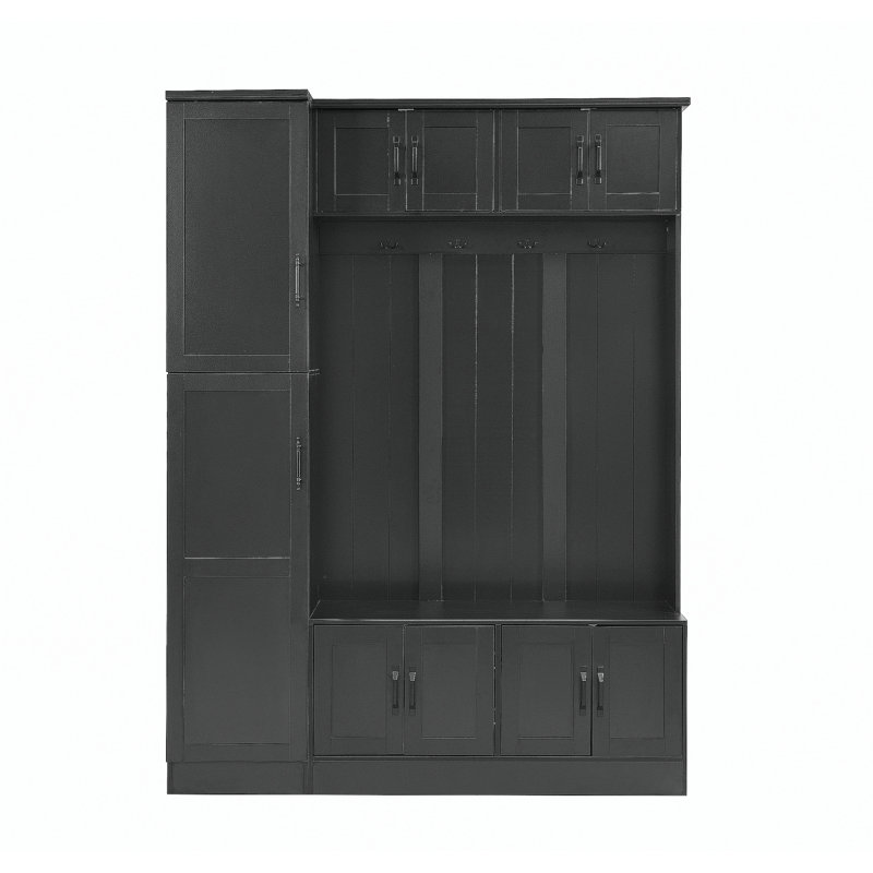 Arbre d'entrée de 79 po de hauteur avec rangement pour chaussures, banc d'entrée 4 en 1 avec 6 armoires, 4 crochets à manteau et tablette réglable pour le couloir, le salon, noir