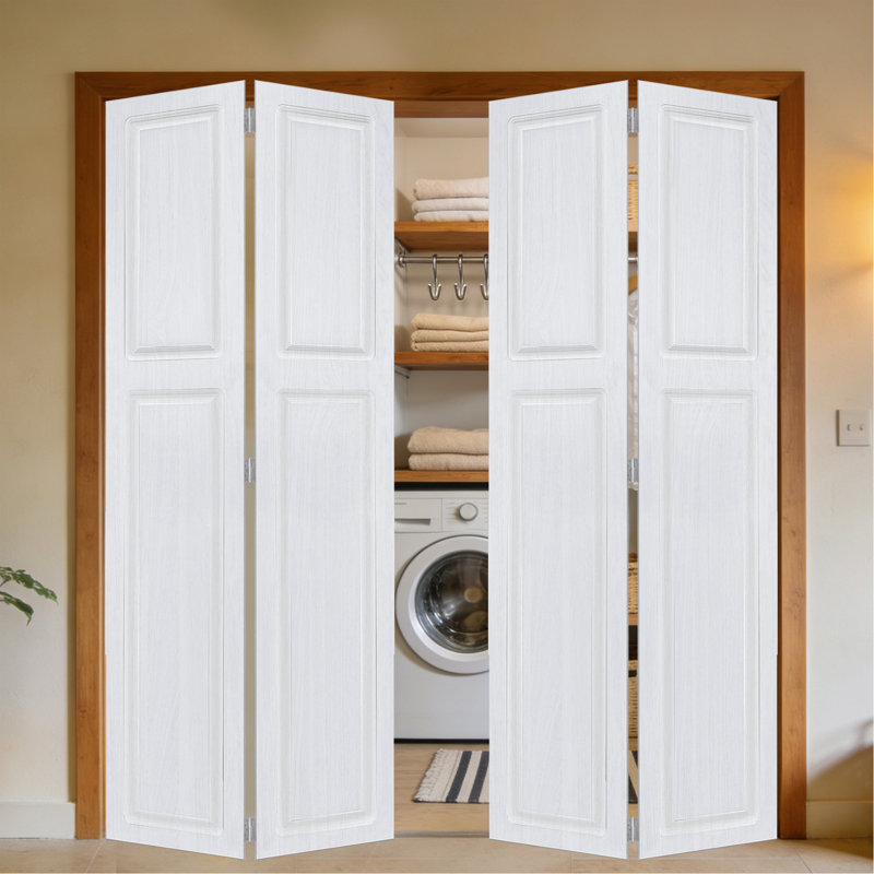 Double à 2 panneaux pliables de 96 po x 48 po Porte de grange coulissante en bois de noyer blanc avec ensemble de quincaillerie