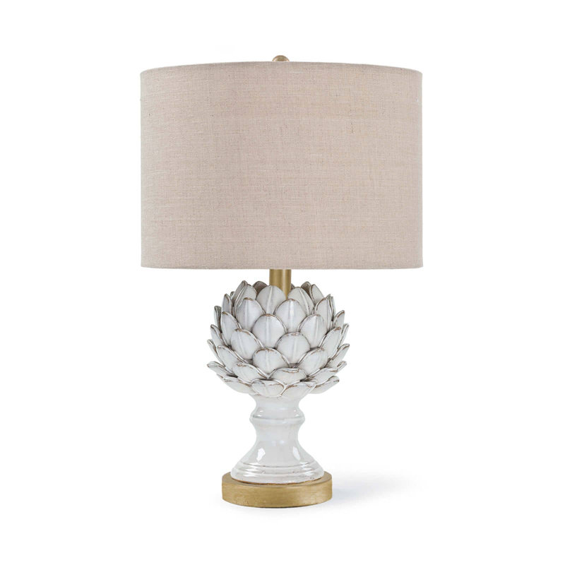 White Ceramic Artichoke Table Lamp with Linen Shade