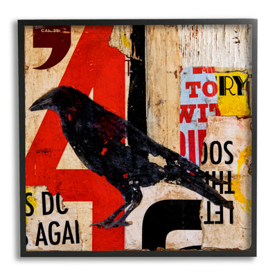 Oiseau noir au pochoir au pochoir, mots abstraits superposés, art texturé par Erin Ashley