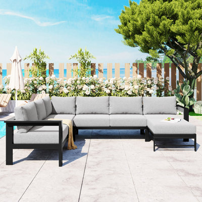 Ensemble de canapé modulaire d'extérieur en forme de U avec coussins ultra-épais de 5,9 po, canapé de conversation de patio à 5 ou 6 places toutes saisons avec structure en fer robuste