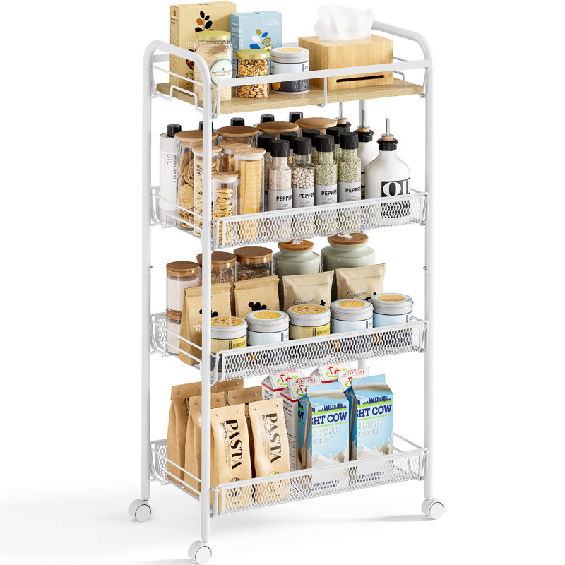4-Tier Rolling Cart,Metal Utility Cart with Wooden Tabletop,Salon Trolley Cart,Storage Cart,Metal Cart,Printer Stand, White