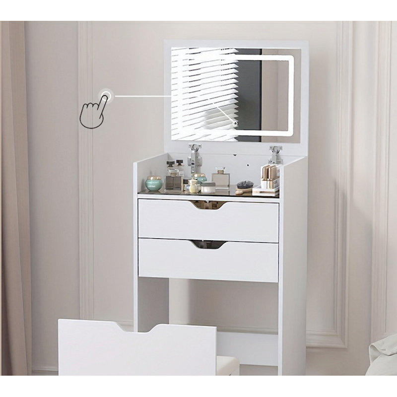 Dressing Table and Stool, 3-in-1 Multifunctional Dressing Table Set, Featuring Three-color Lighting Modes, HD Mirror, Two Sliding Drawers, and a Hidden Storage Stool