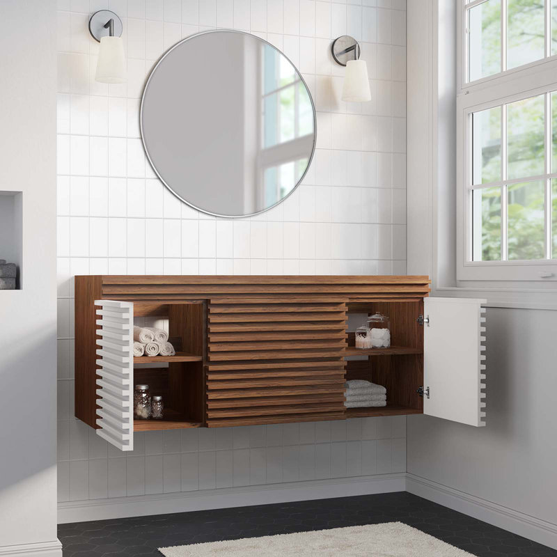 Base de meuble-lavabo mural simple 48 po Render, Blanc / Noyer