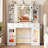 Vanity Desk with RGB Lights, Glass Top, Lighted Mirror and Built-in Hair Dryer Rack, All-in-One White Makeup Table with Drawers and Shelves-1204978350