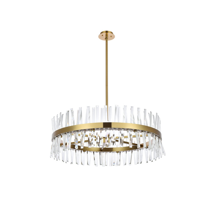 Lustre cylindrique unique et remarquable à 16 lumières avec accents de cristal Athol, Or satiné, H 12 po x l 36 po x P 36 po