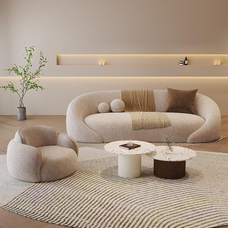 82.68"Curved freeform white chenille sofa, 27.56" H x 82.68" W x 35.43" D