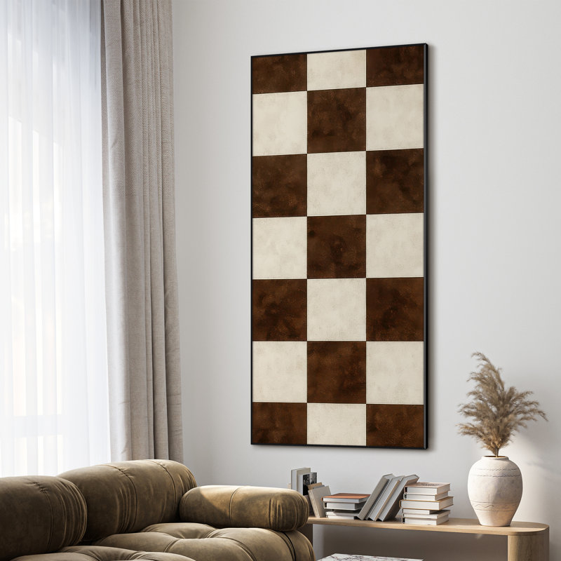 Très grande reproduction d'art sur toile - Motif de damier rétro brun et crème pour le salon ou la chambre à coucher - «Assemblage requis du cadre (cadre non fini)»