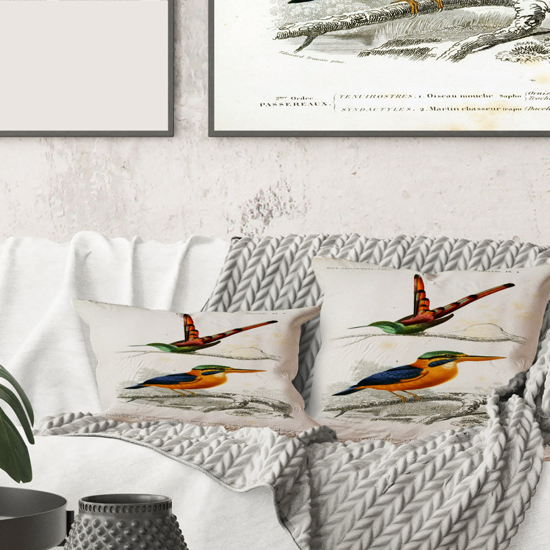 Oiseau rétro I - coussin traditionnel imprimé, 16" x 16"
