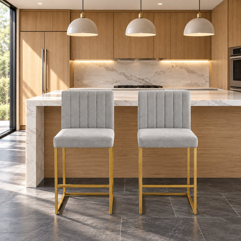 Ensemble de 2 tabourets de bar de hauteur comptoir avec coussin en velours et dossier ergonomique, chaises de bar modernes rembourrées avec pieds en métal robustes