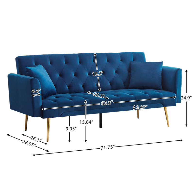Futon Sofa Convertible Velvet Loveseat Sleeper Sofa Couch for Bedroom Living Room Office, Blue