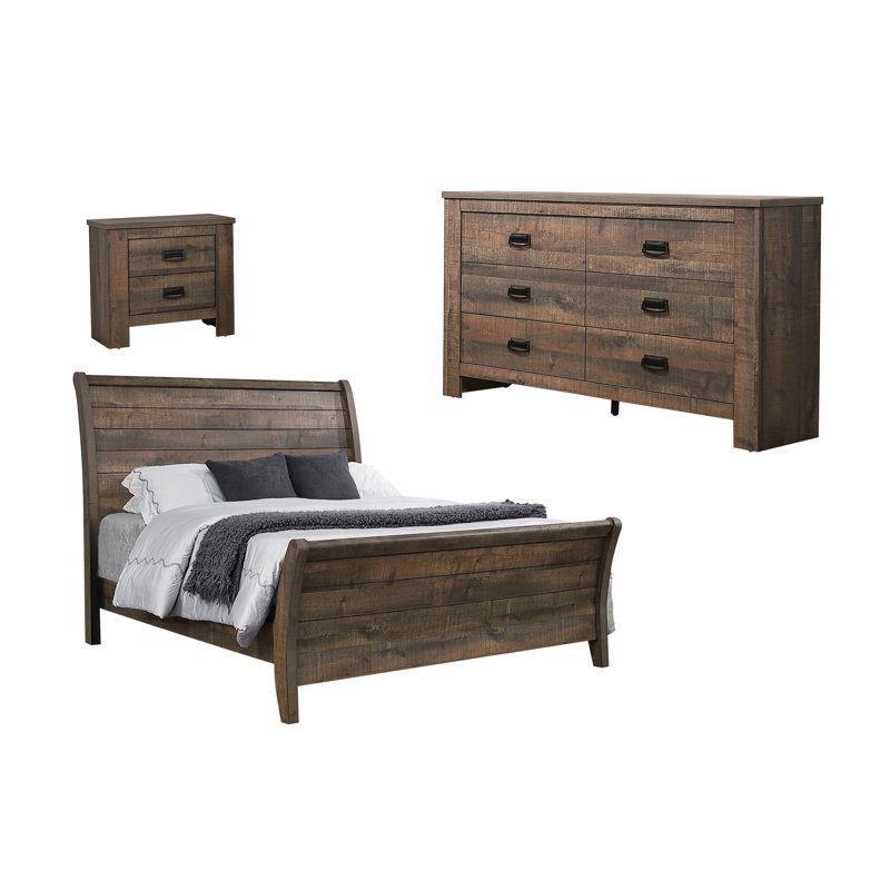 Ensemble de chambre à coucher avec commode en chêne vieilli 3 pièces Gotrich, Très grand californien