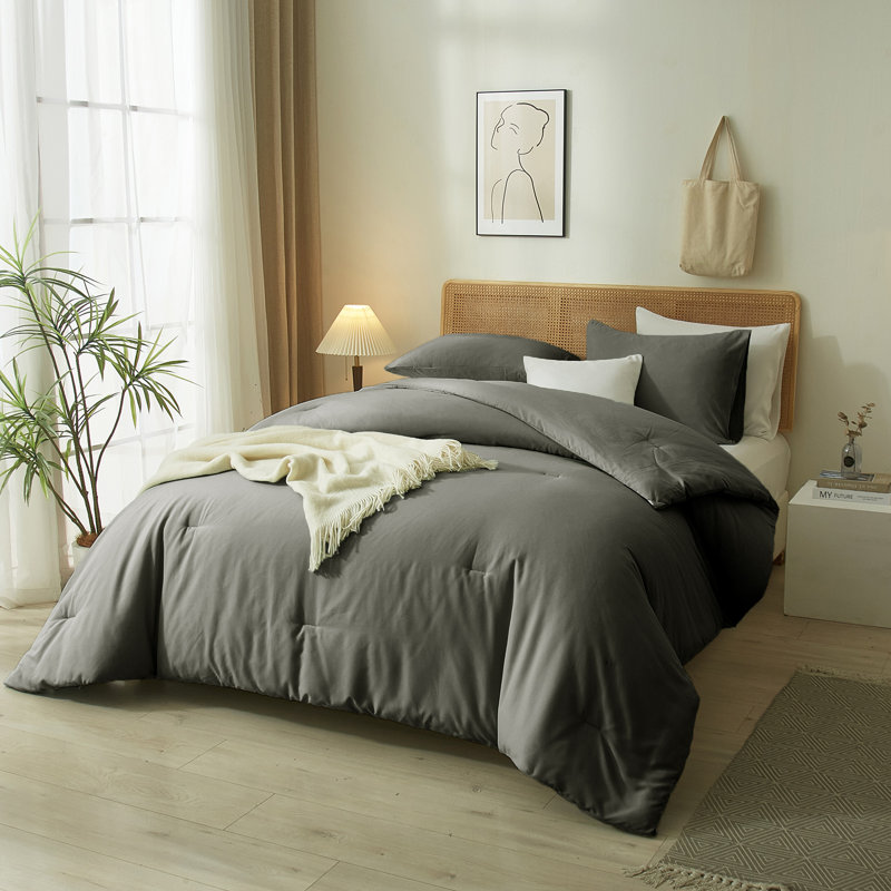 3-Piece 90g Lightweight All-season Microfiber Comforter Set, Queen Comforter + 2 Standard Shams, Dark Gray