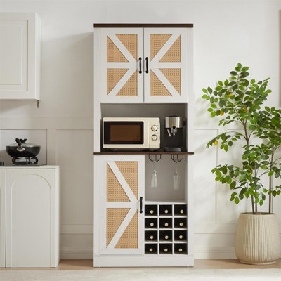Armoire à vin de style campagnard de 76 pouces de hauteur, armoire de bar avec compartiments carrés et tablettes, grande armoire de rangement en faux bois avec portes de grange et tablettes pour micro-ondes