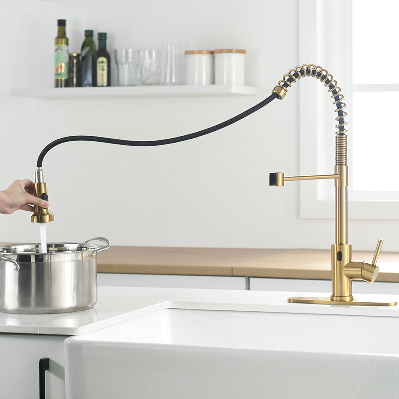 Hands Automatic Smart Faucet - Touchless With Modern Pull Down In Brushed Gold For Convenient Kitchen Use Stainless Steel 2-Inch Sensing Distance &