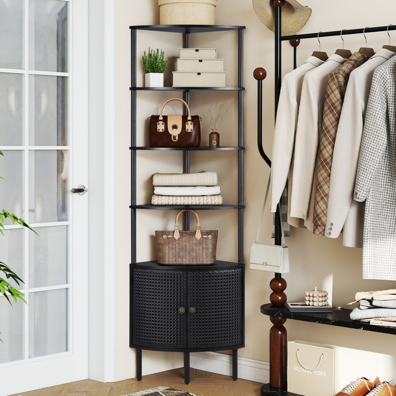 Bibliothèque d'angle, étagère de rangement à 5 niveaux avec armoire, Noir