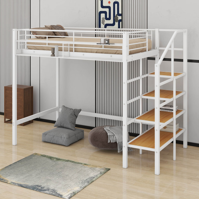 Lit mezzanine simple en métal avec tablette, Blanc