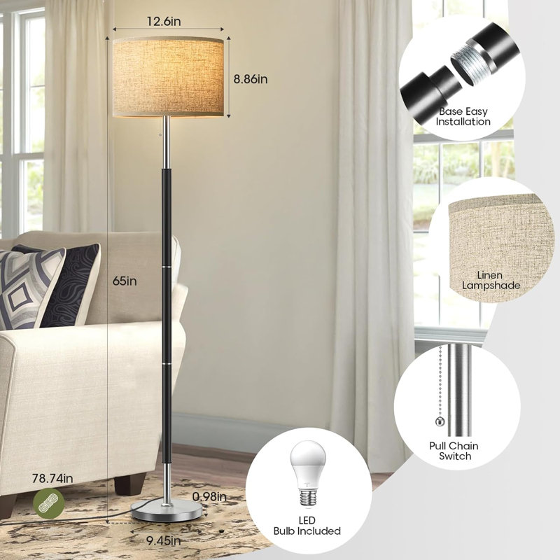 Modern Floor Lamp With 3 Color Temperatures (3000K/4000K/6000K), Beige Linen Lampshade, Pull Chain Switch, 9W LED Bulb Included, Black And Silver, For Bedroom, Office, Living Room