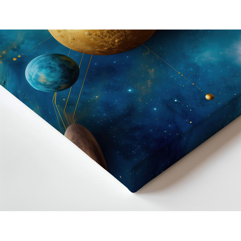 Toile dans un tableau cosmique envoûtant, un tableau vibrant de planètes, art mural sur fond bleu et doré, H 9 po x l 12 po