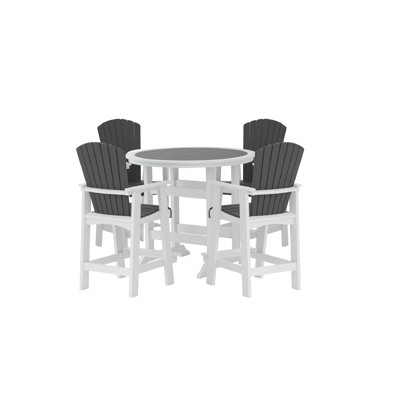 HDPE 5-Piece Patio Bar Set, 42 Inch High Top Outdoor Table With 4 Adirondack Chairs, All-Weather White & Gray Bar Height Table And Stools Set For Gard