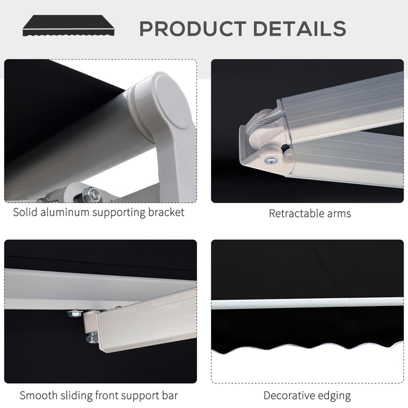 Auvent de patio 8 pi x 7 pi - Parasol rétractable noir manuel. Facilement réglable pour minimiser l'impact du soleil et la chaleur, s'adapte à plusieurs surfaces, aluminium solide, tissu en acier réduit