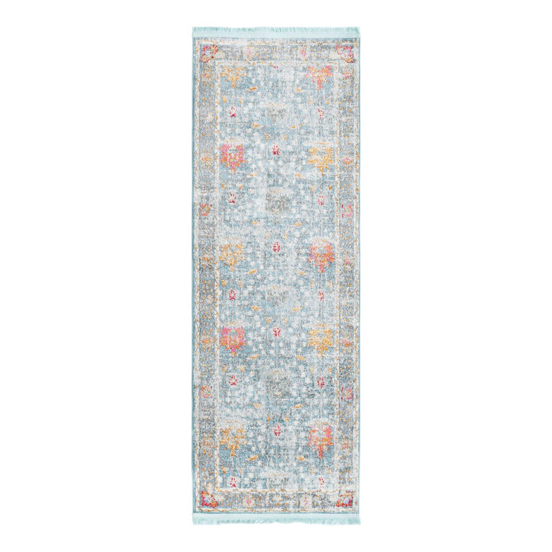 Tapis bleu à motif floral Haefner, Tapis de couloir 2 pi 2 po x 6 pi