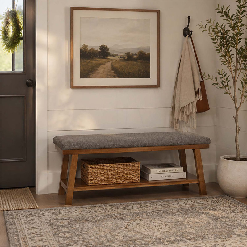Banc rembourré avec tablette de rangement, Granite+Brown