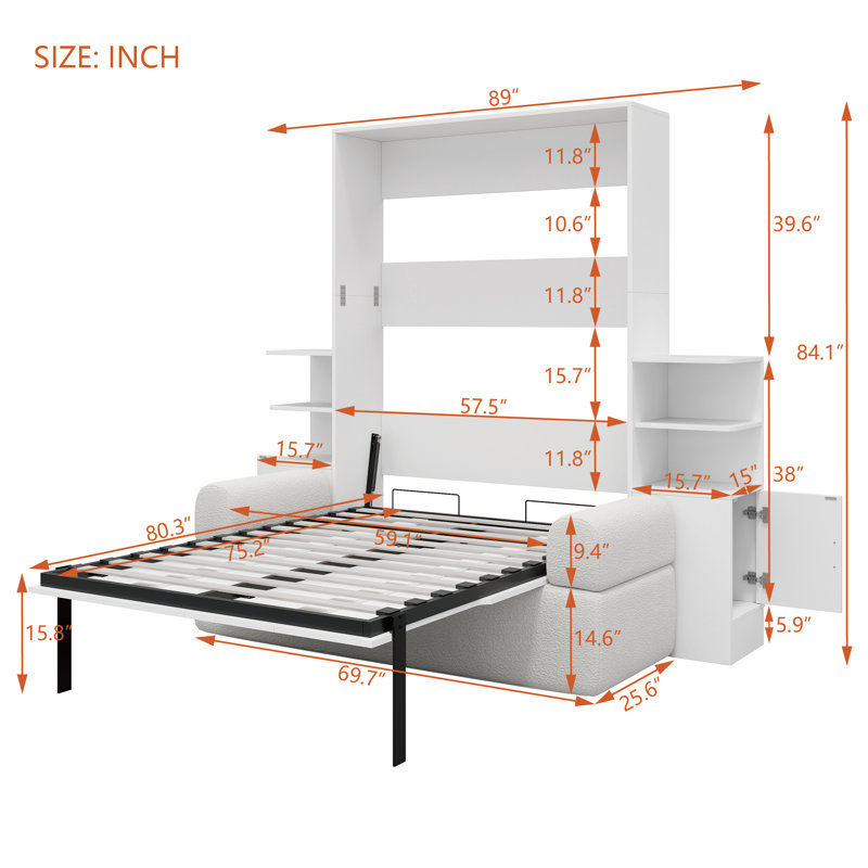 Lit escamotable double avec canapé-lit, armoire de rangement intégrée et tablettes, Blanc