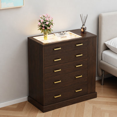 5 Drawer Dresser with LED Lighting & Glass Top, 31.71" Storage Cabinet with Side Shelves & Jewellery Organizer, Modern Closet Island Chest for Bedroom, White