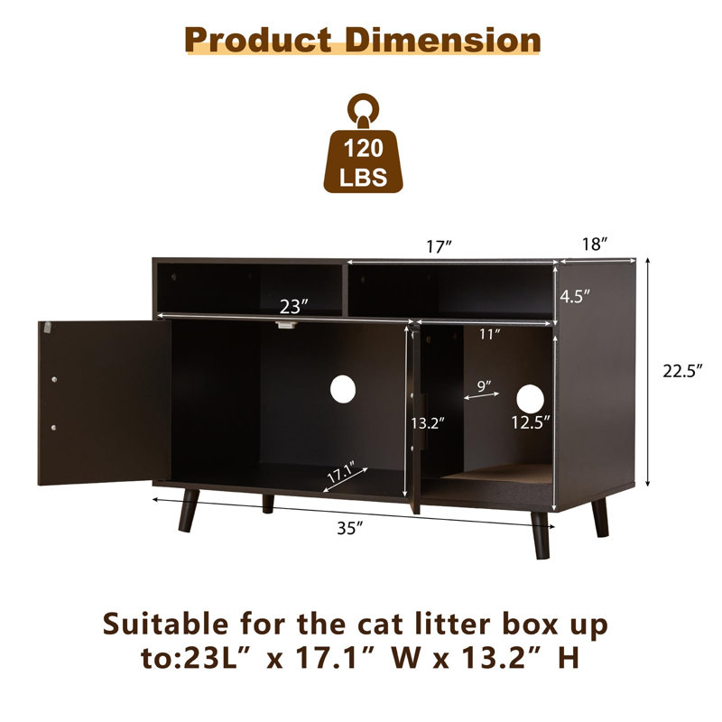 Meuble caché pour litière pour chat, litière pour chat avec portes doubles et 2 compartiments de rangement pour la chambre à coucher et le salon