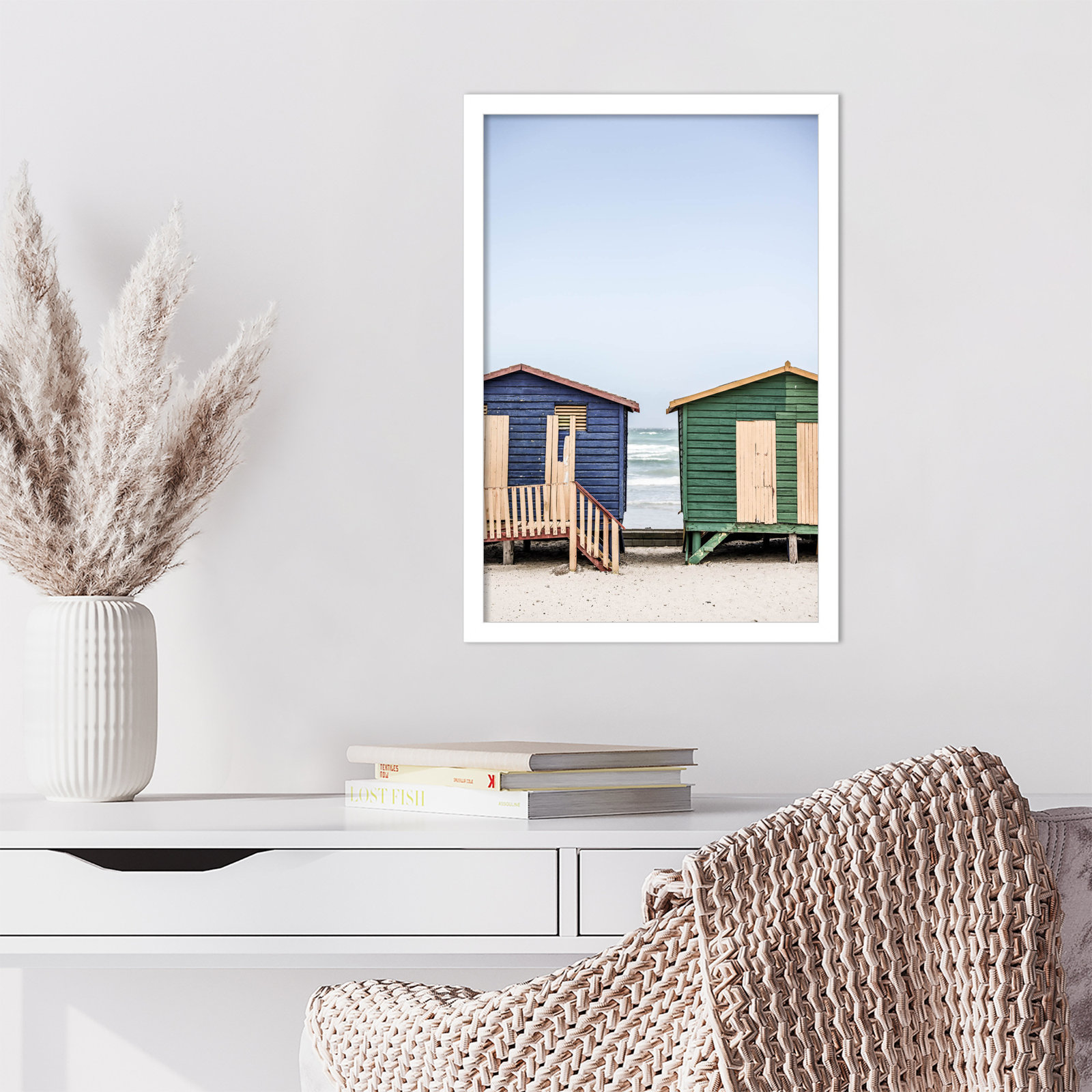 Popplewell "Blue and Green Huts" Print, White, 21" H x 15" W
