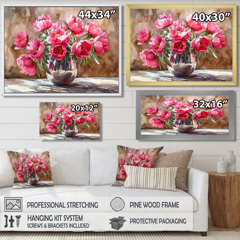 Pivoines dans un vase en acier inoxydable - pivoines grand art mural, H 12 po x l 20 po, Toile tendue, Ne s’applique pas