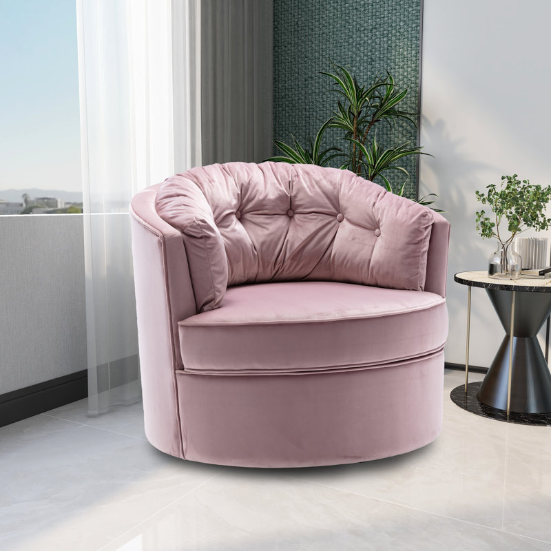 Fauteuil demi-tonneau pivotant en velours Haldeman, Velours rose