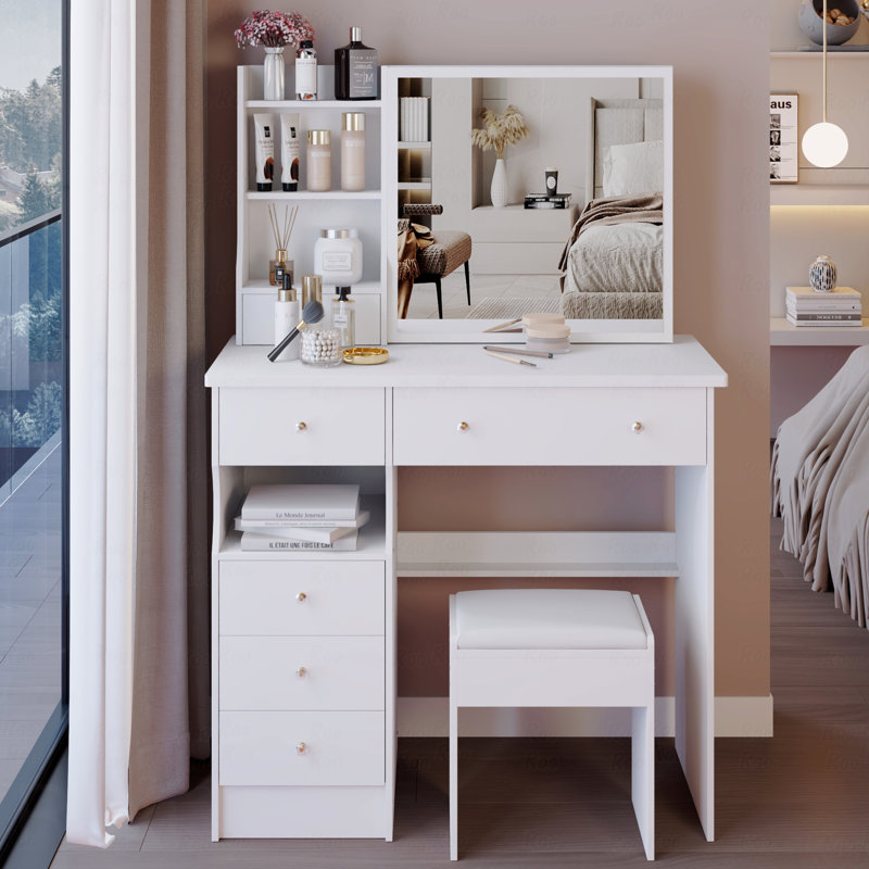 37" Middle Size Left Drawer Desktop Vanity Table + Cushioned Stool, Extra Large Right Sliding Mirror, Multi Layer High Capacity Storage, Practical Fashionable Dresser, Suitable For Large Space